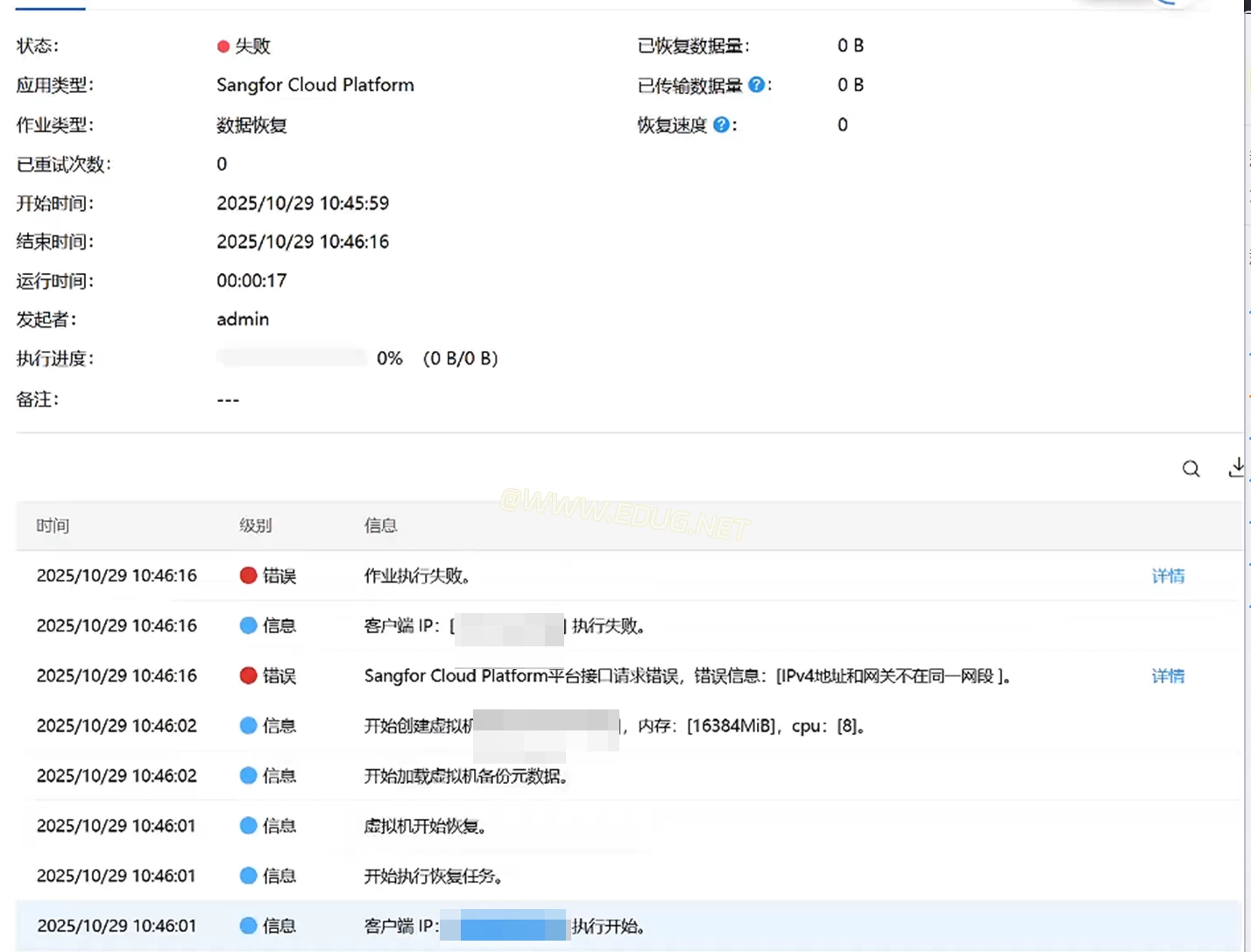 AnyBackup - Sangfor Cloud Platform 恢复提示错误信息: IPv4地址和网关不在同一网段